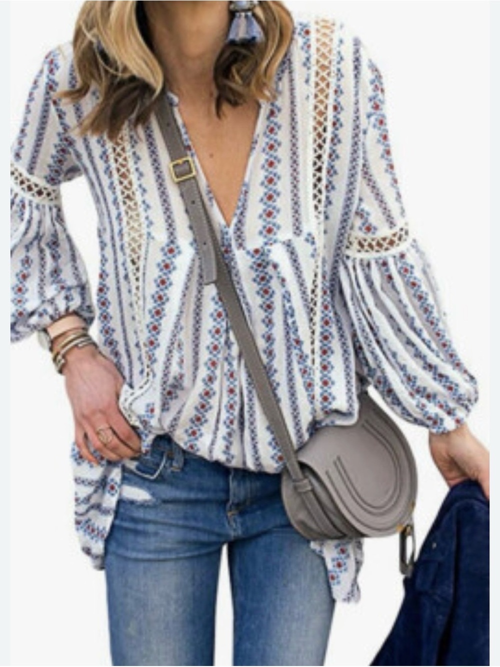 New direction women’s XL White and blue Patterned Boho Blouse , flare sleeves